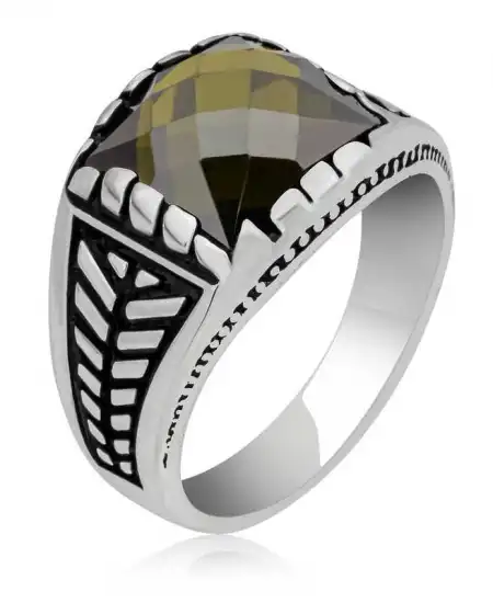 Gümüş Zeytin Yeşili Zirkon Taşlı Çocuk Erkek Yüzük