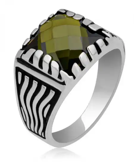 Gümüş Zeytin Yeşili Zirkon Taşlı Çocuk Erkek Yüzük