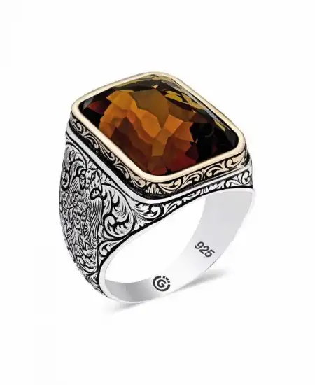 Gümüş Zirkon Kahverengi Taşlı Kare Erkek Yüzük