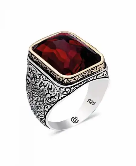 Gümüş Zirkon Kırmıızı Taşlı Kare Erkek Yüzük