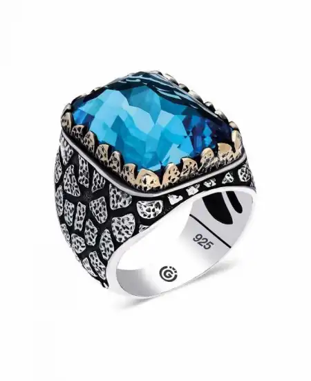 Gümüş Zirkon Mavi Taşlı Kare Erkek Yüzük