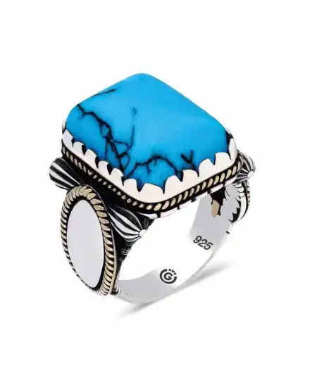 Gümüş Zirkon Sade Turkuaz Taşlı Kare Erkek Yüzük