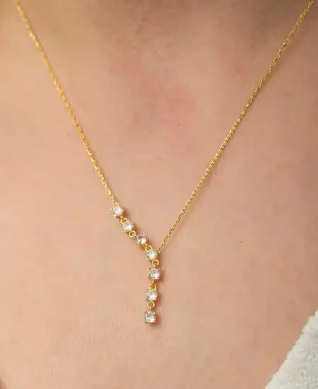 Gümüş Zirkon Sıra Taşlı Gold Kadın Kolye