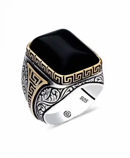 Gümüş Oniks Siyah Taşlı Kare Erkek Yüzük