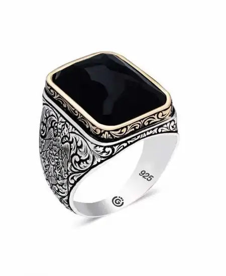 Gümüş Zirkon Siyah Taşlı Kare Erkek Yüzük