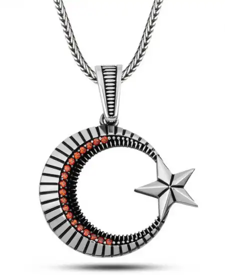 Gümüş Zirkon Taşlı Ay Yıldız Erkek Kolye