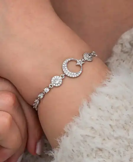 Gümüş Zirkon Taşlı Ay Yıldız Kadın Bileklik