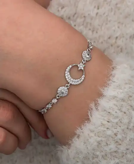 Gümüş Zirkon Taşlı Ay Yıldız Kadın Bileklik