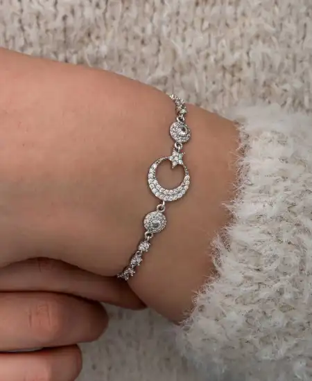 Gümüş Zirkon Taşlı Ay Yıldız Kadın Bileklik