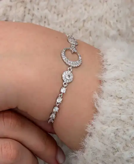 Gümüş Zirkon Taşlı Ay Yıldız Kadın Bileklik