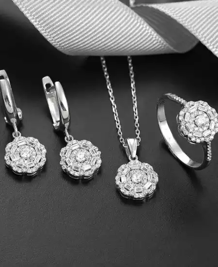 Gümüş Zirkon Taşlı Çiçek Kadın Set