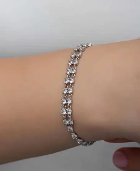 Gümüş Zirkon Taşlı Çift Sıra Kadın Bileklik