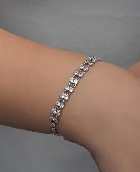 Gümüş Zirkon Taşlı Çift Sıra Kadın Bileklik