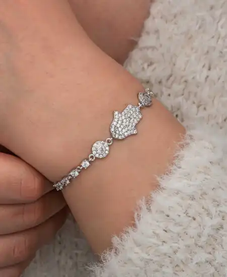 Gümüş Zirkon Taşlı Fatma Ana Eli Kadın Bileklik