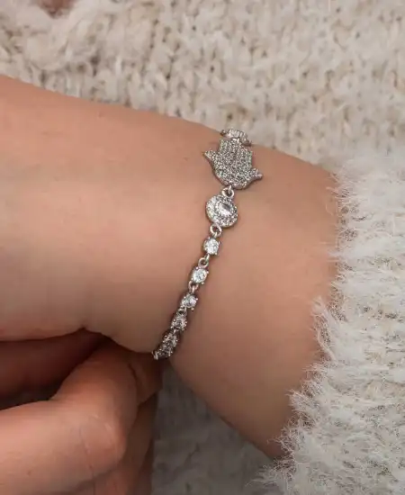 Gümüş Zirkon Taşlı Fatma Ana Eli Kadın Bileklik