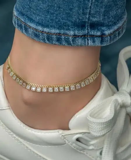 Gümüş Zirkon Taşlı Gold Halhal