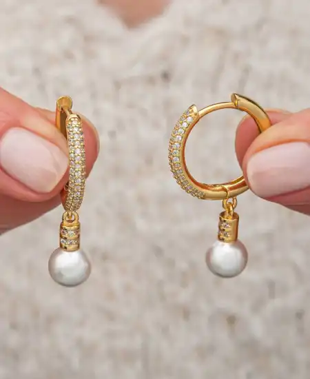 Gümüş Zirkon Taşlı Gold Halka İnci Küpe