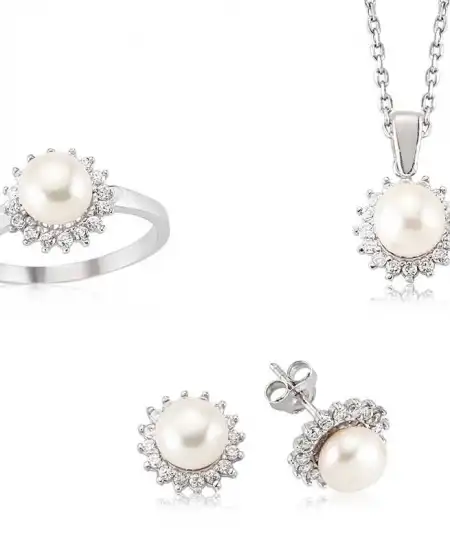 Gümüş Zirkon Taşlı İnci Bayan Set