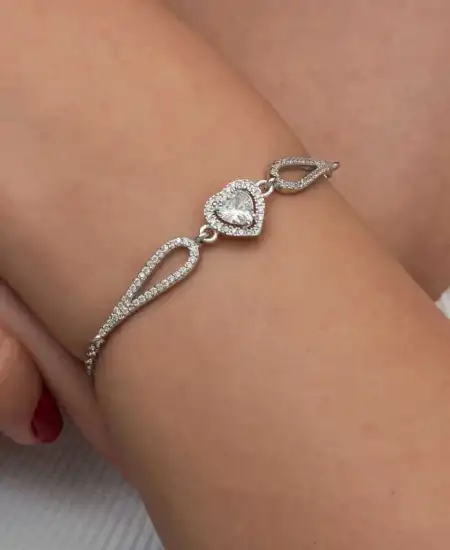 Gümüş Zirkon Taşlı Kalp Bileklik