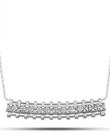 Gümüş Zirkon Taşlı Kare Bar Kadın Kolye