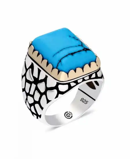 Gümüş Zirkon Turkuaz Taşlı Kare Erkek Yüzük