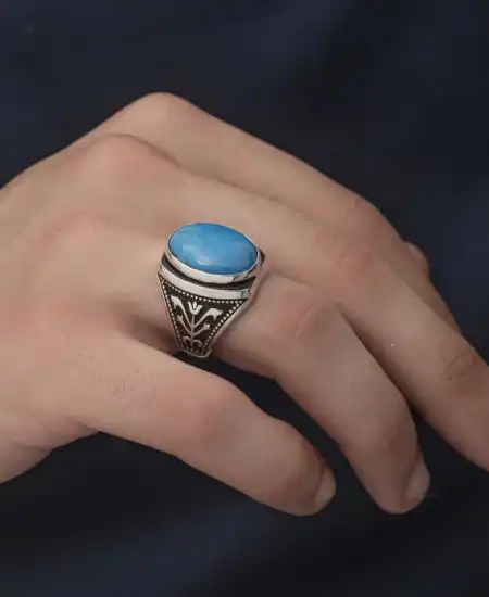 Gümüş Zirkon Turkuaz Taşlı Oval Erkek Yüzük