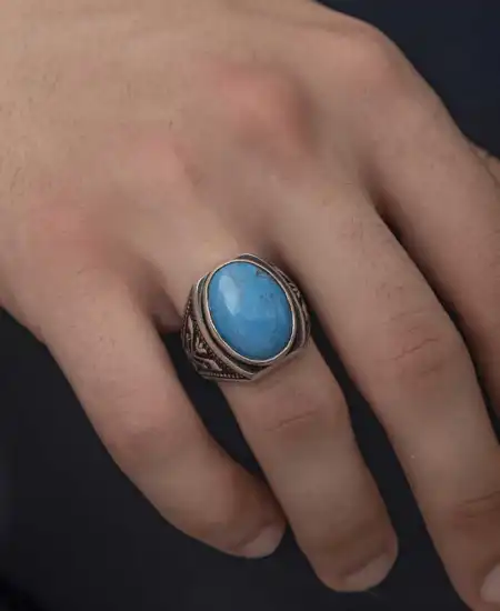 Gümüş Zirkon Turkuaz Taşlı Oval Erkek Yüzük