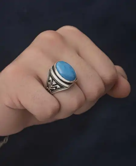 Gümüş Zirkon Turkuaz Taşlı Oval Erkek Yüzük