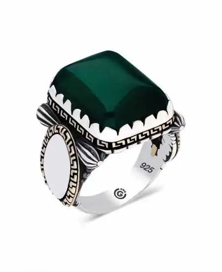 Gümüş Zirkon Yeşil Taşlı Kare Erkek Yüzük