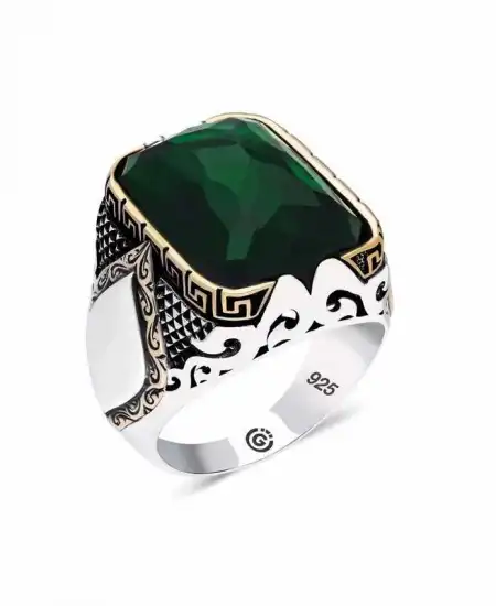 Gümüş Zirkon Yeşil Taşlı Kare Erkek Yüzük