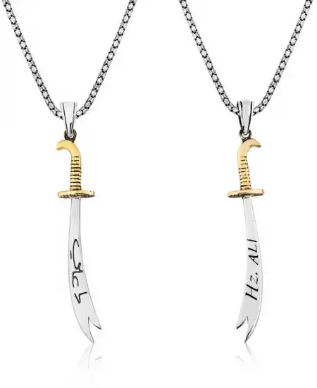 Gümüş Zülfikar Kılıcı Hz. Ali Yazılı Erkek Kolye