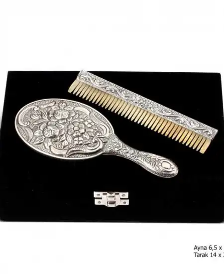 Manolya Motifli Ayna Tarak Gümüş Set