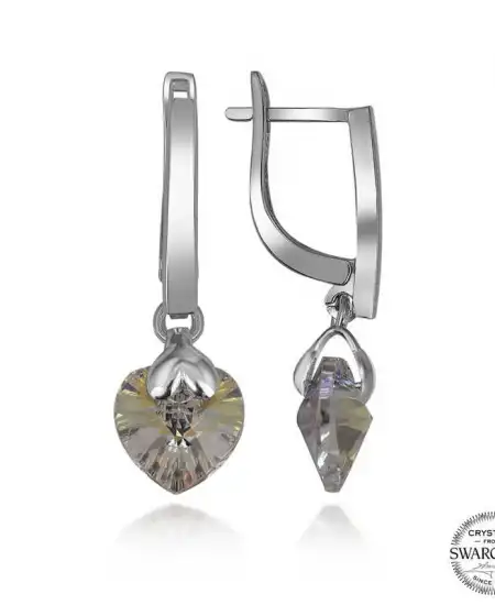 Swarovski Crystal Taşlı Gümüş Beyaz Kalp Sallantılı Kadın Küpe