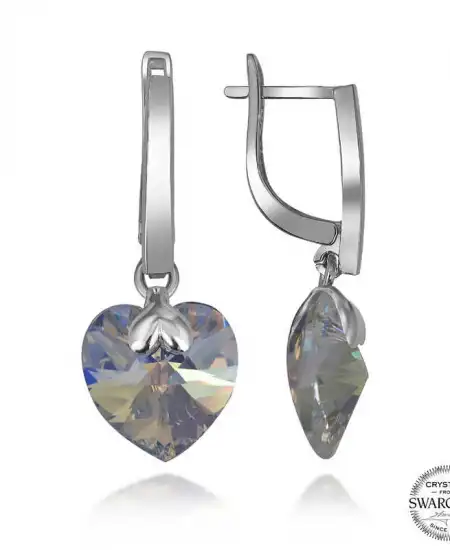 Swarovski Crystal Taşlı Gümüş Beyaz Kalp Sallantılı Kadın Küpe