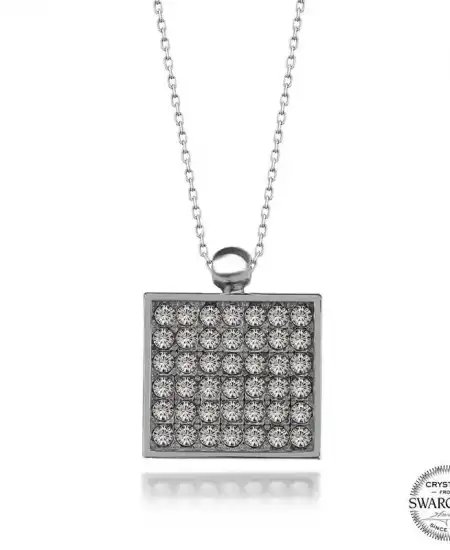 Swarovski Crystal Taşlı Kare Gümüş Kadın Kolye