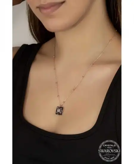 Swarovski Crystal Taşlı Rose Top Zincir Siyah Elmas Gümüş Kadın Kolye