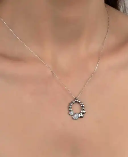Swarovski Taşlı Gümüş Çember Kalp Bayan Kolye