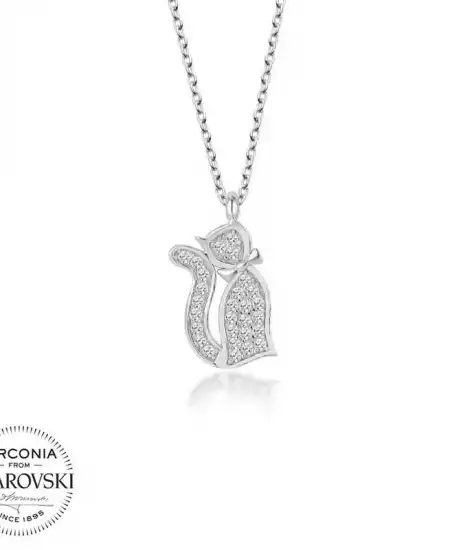 Swarovski Taşlı Gümüş Kedi Bayan Kolye