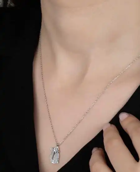 Swarovski Taşlı Gümüş Kedi Bayan Kolye