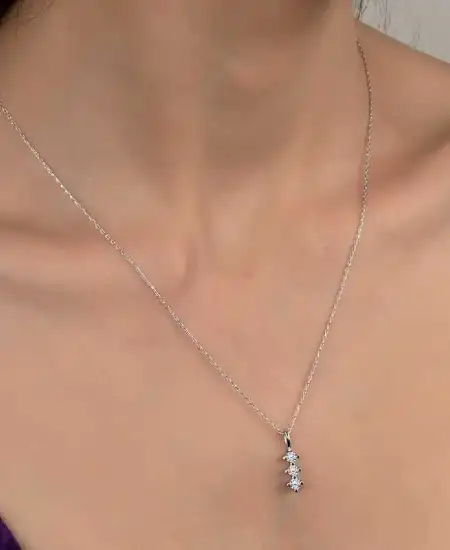 Swarovski Taşlı Gümüş Üçtaş Tektaş Bayan Kolye