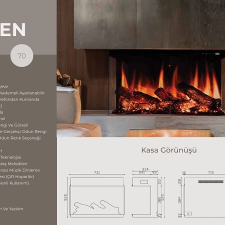 Zaya Laden 3 Taraflı 70cm Renkli Isıtmalı Bluetooth lu Elektrikli Şömine