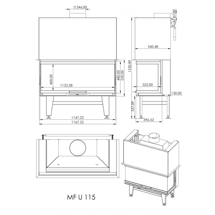 Macroflam 115cm U Tip Odunlu Asansör Kapaklı Şömine