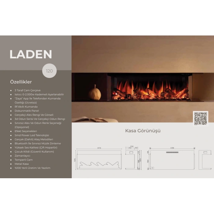 Zaya Laden 3 Taraflı 120cm Renkli Isıtmalı Bluetooth lu Elektrikli Şömine