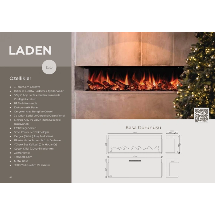 Zaya Laden 3 Taraflı 150cm Renkli Isıtmalı Bluetooth lu Elektrikli Şömine