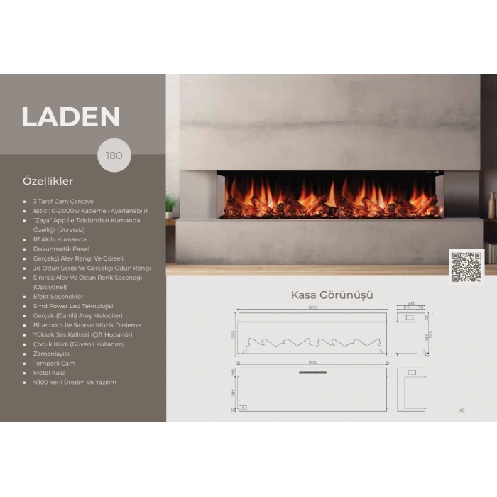 Zaya Laden 3 Taraflı 180cm Renkli Isıtmalı Bluetooth lu Elektrikli Şömine