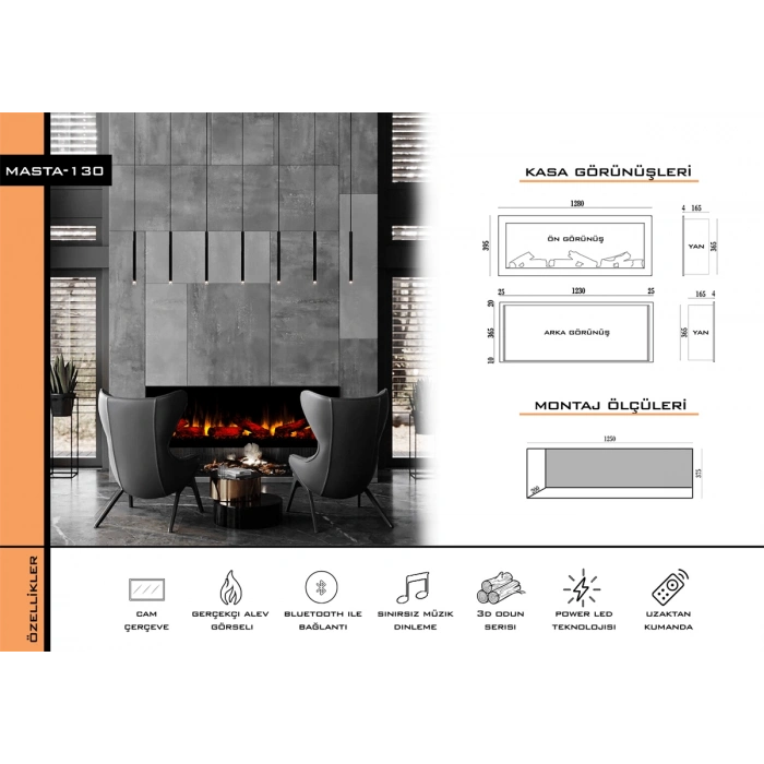 Zaya Masta 130cm Renkli Isıtmasız Bluetooth lu Elektrikli Şömine