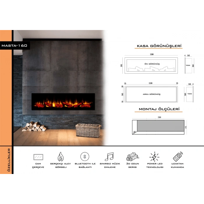 Zaya Masta 160cm Renkli Isıtmasız Bluetooth lu Elektrikli Şömine