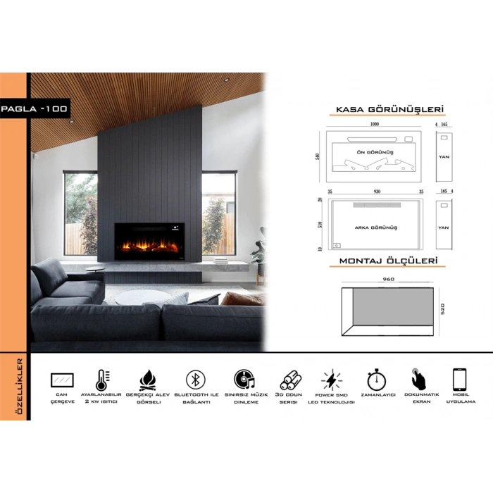 Zaya Pagla 100cm Renkli Isıtmalı Bluetooth lu Elektrikli Şömine