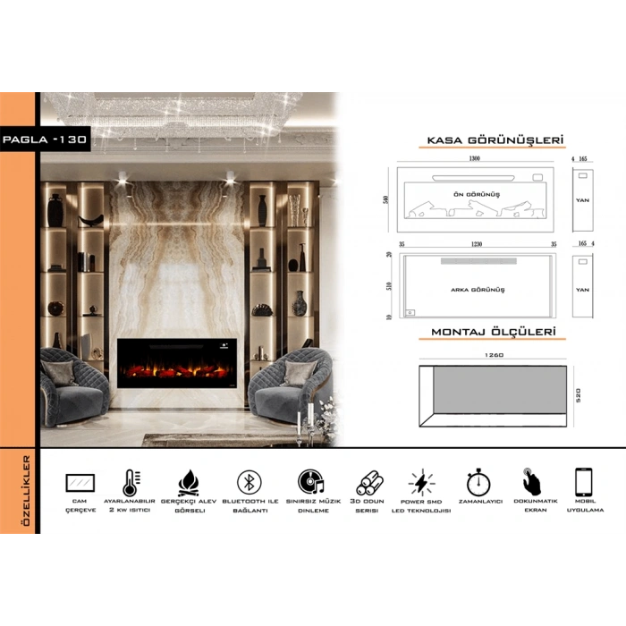 Zaya Pagla 130cm Renkli Isıtmalı Bluetooth lu Elektrikli Şömine