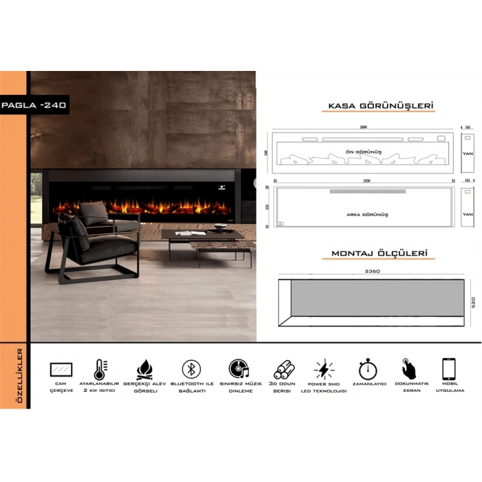 Zaya Pagla 240cm Renkli Isıtmalı Bluetooth lu Elektrikli Şömine